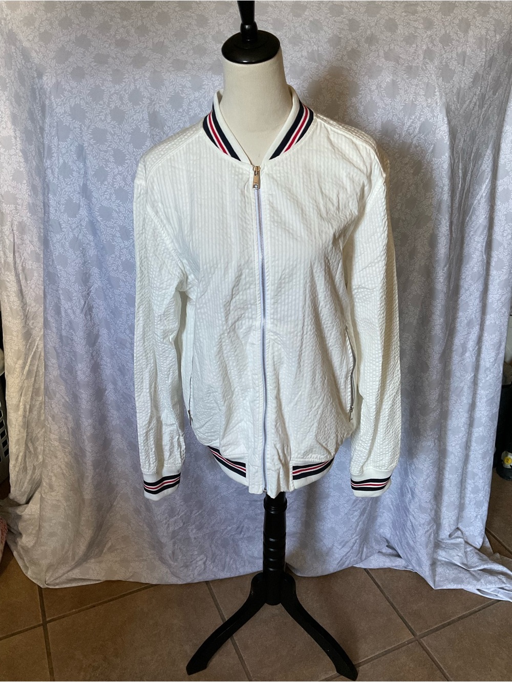 Zara White Bomber Jacket with Navy & Red Trim